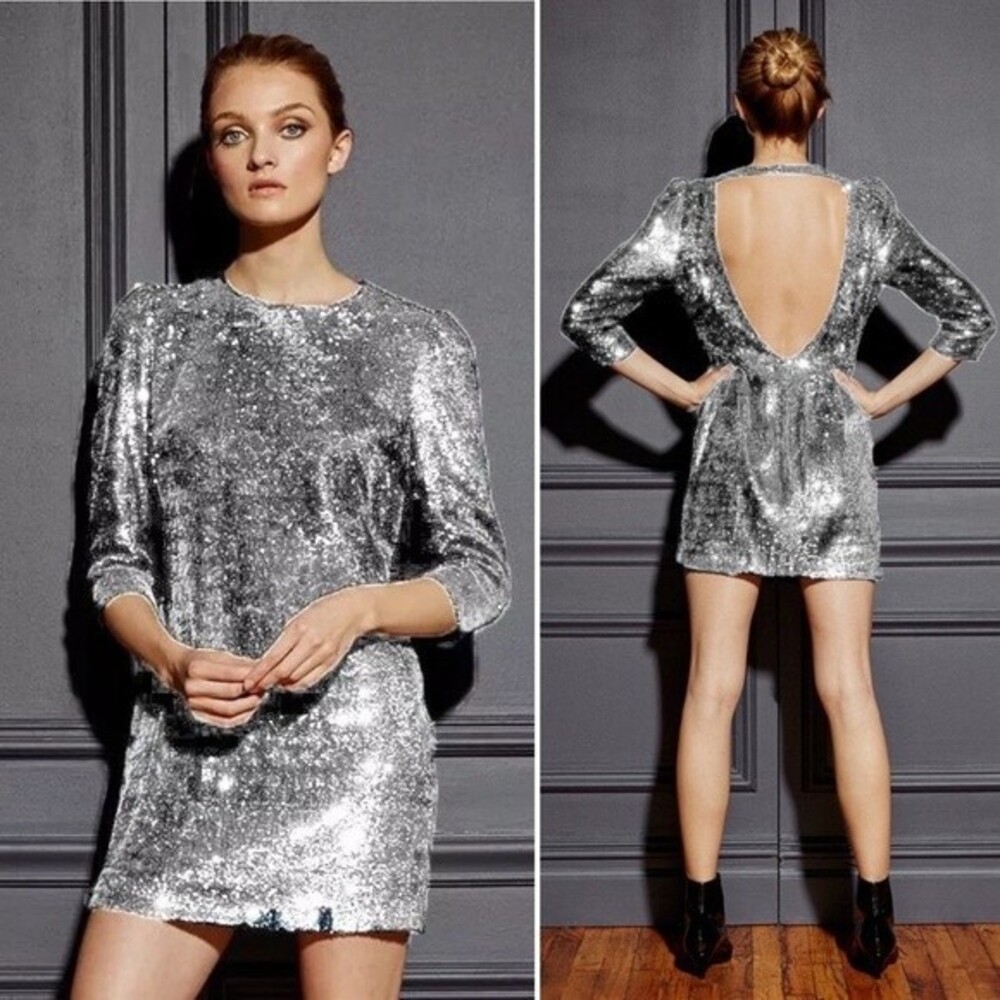Fleur du Mal Silver Sequin Mini Dress Sleeve Open Back Sparkle Cocktail Size 4